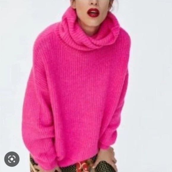 ZARA Knit Oversized Turtle Neck Sweater in Hot Pink - Size S Small - NWT - Picture 6 of 6
